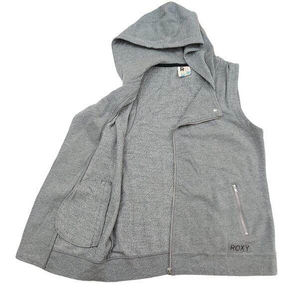 Roxy Hooded Vest Womens Medium Gray Full Zip Graphic Print Pockets Knit Casual - Picture 12 of 12